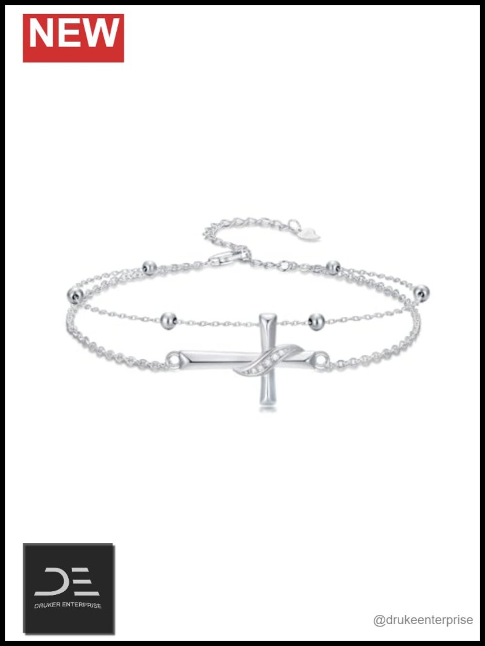 925 Sterling Silver Diamond Cross Layered Bracelet Women Sideways Cross